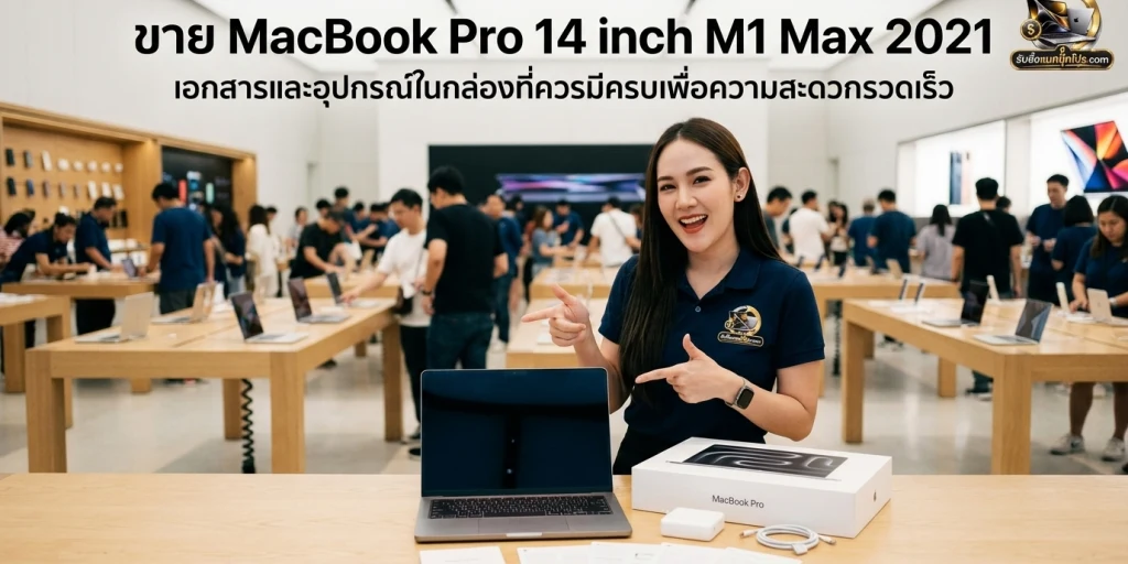 MacBook Pro 14 inch M1 Max 2021 พร้อมกล่อง อะแดปเตอร์ และสาย MagSafe 3 วางเตรียมพร้อมประเมินราคาขาย